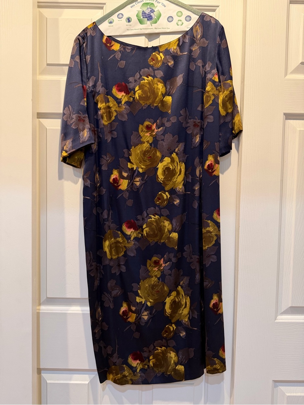 St. John Navy Silk Dress with Yellow Rose Print